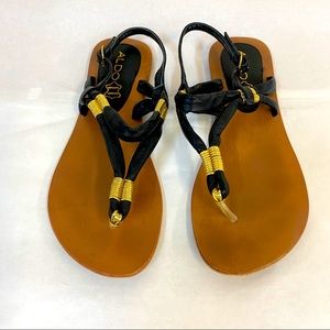 Aldo Leather Black and Gold Thing Sandals Flats
